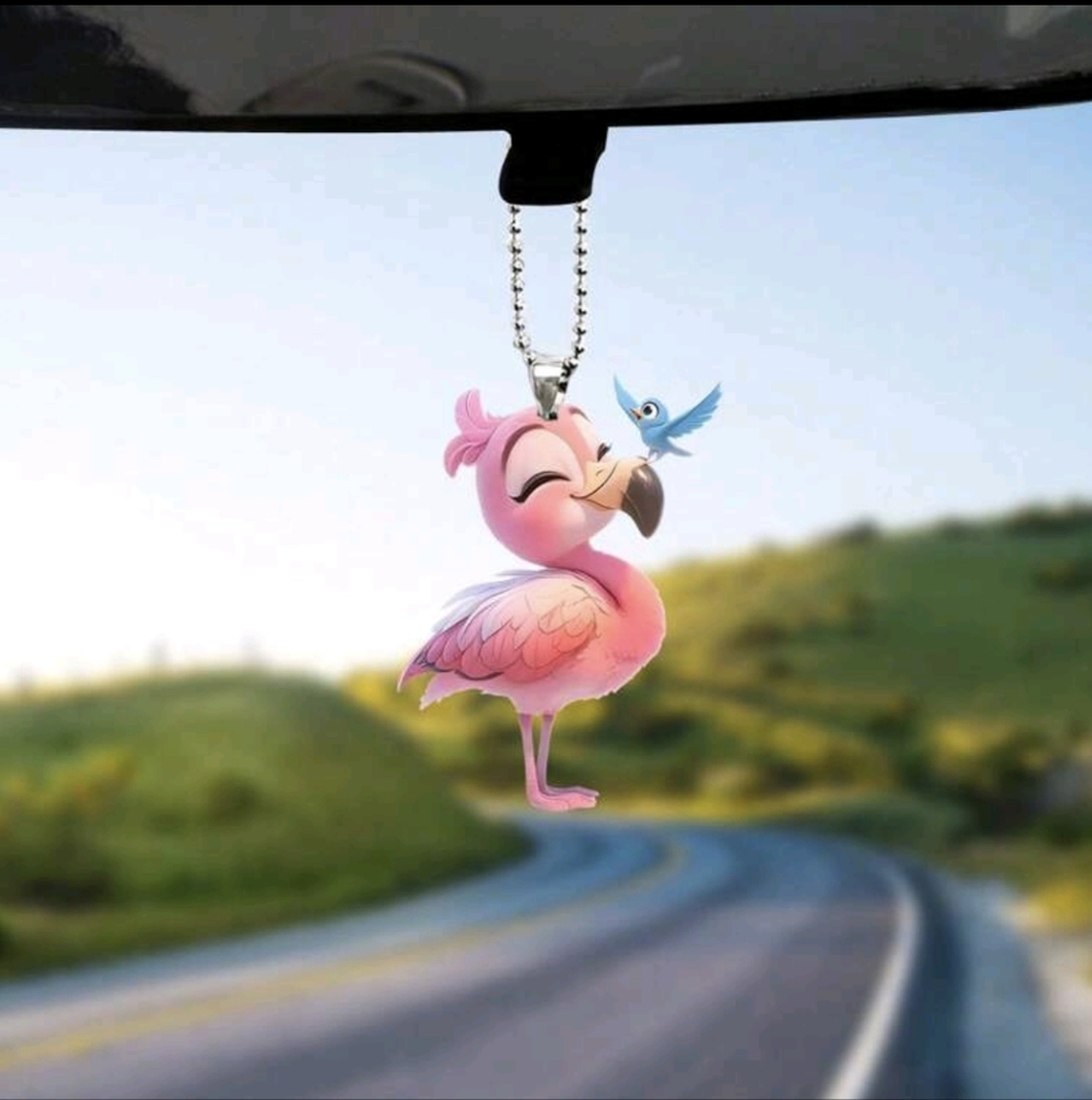 Pink Flamingo And Blue Bird Mirror Tag Bag Charm - Picture 2 of 7